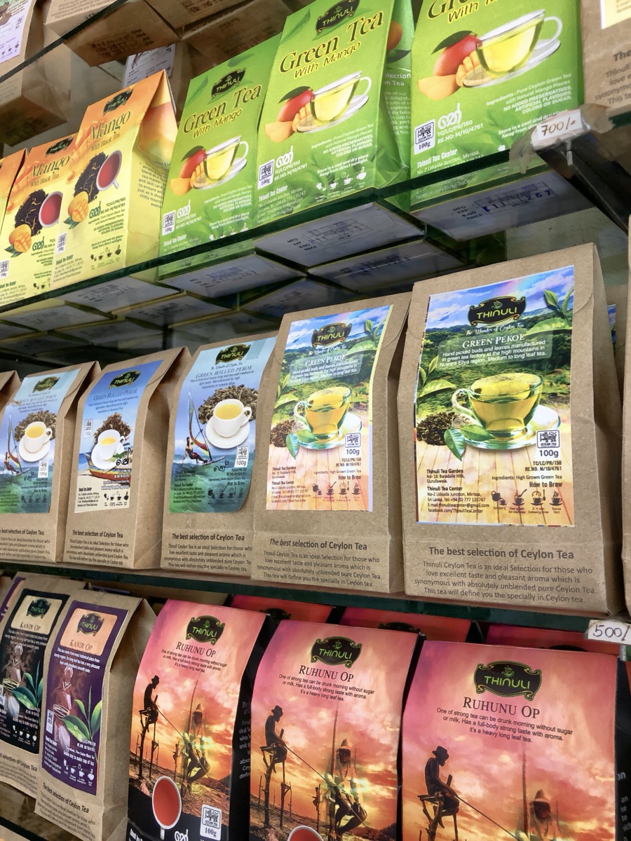 Shelves of packaged Ceylon tea at Thinuli Tea Center